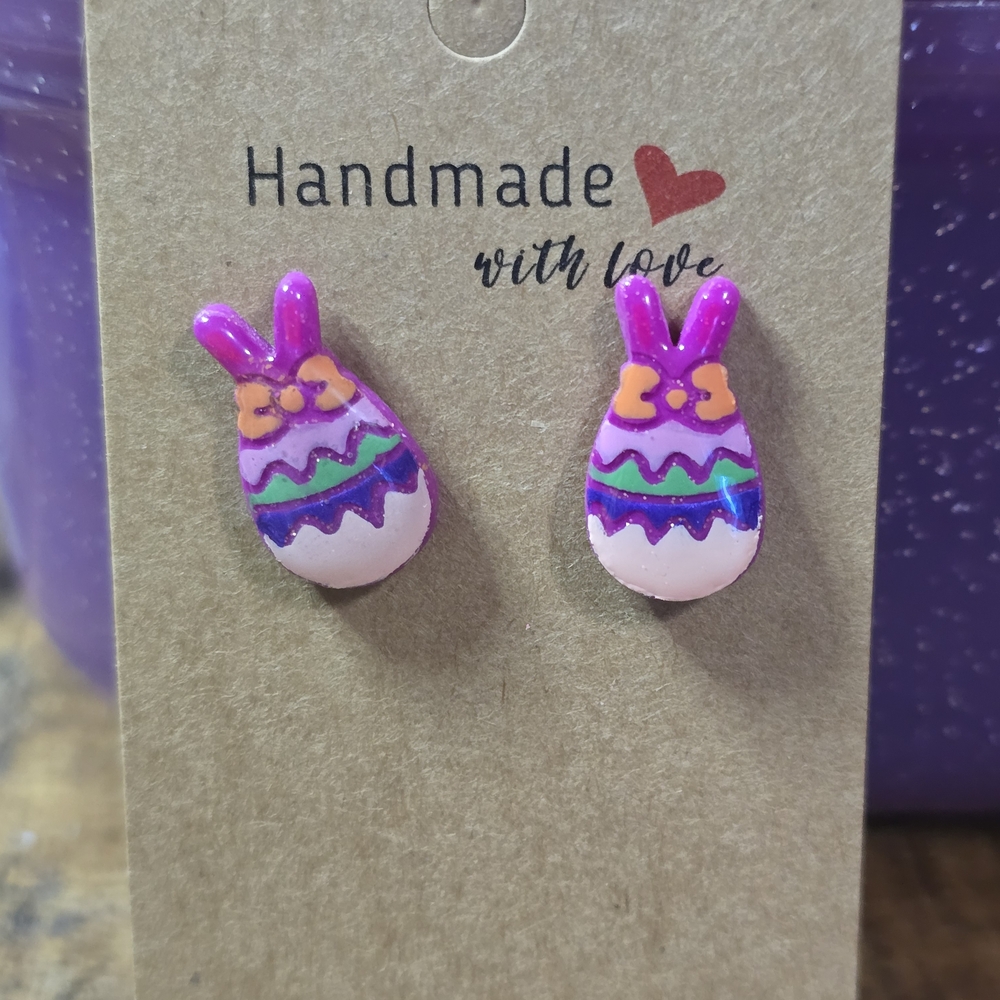 Handmade Pink Bunny Egg Stud Earrings for Kids